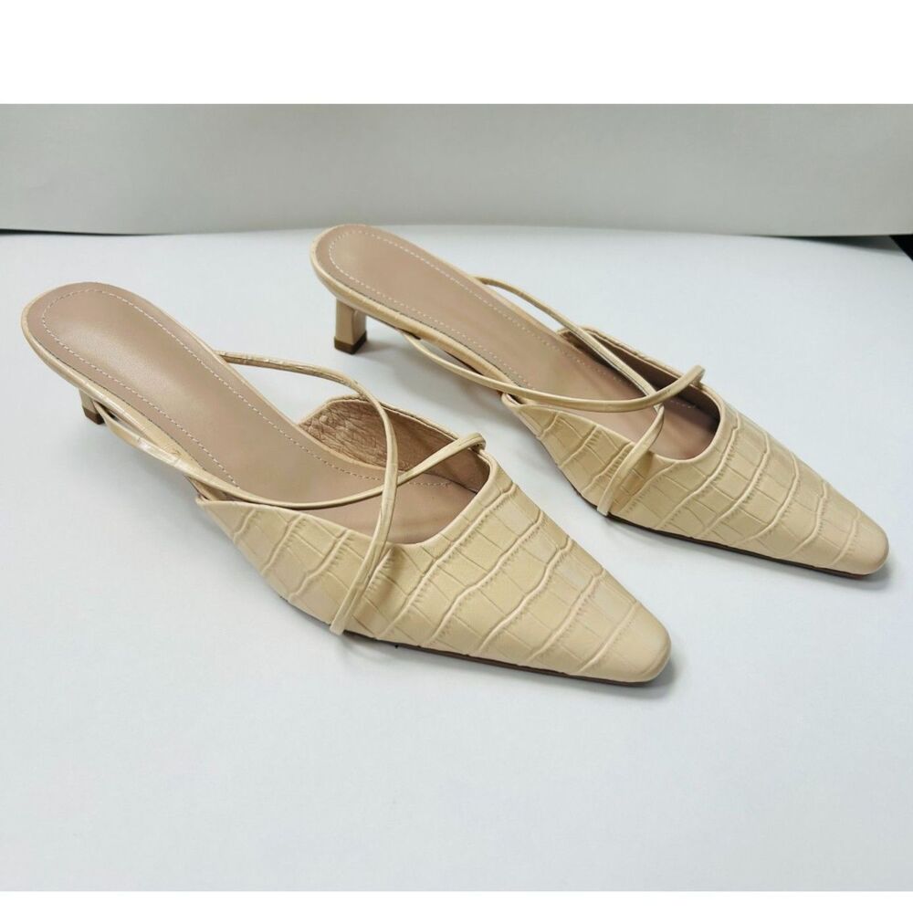 Unbranded Cream Beige Croc-Embossed Pointed-Toe Kitten Heel Mules - Size 8